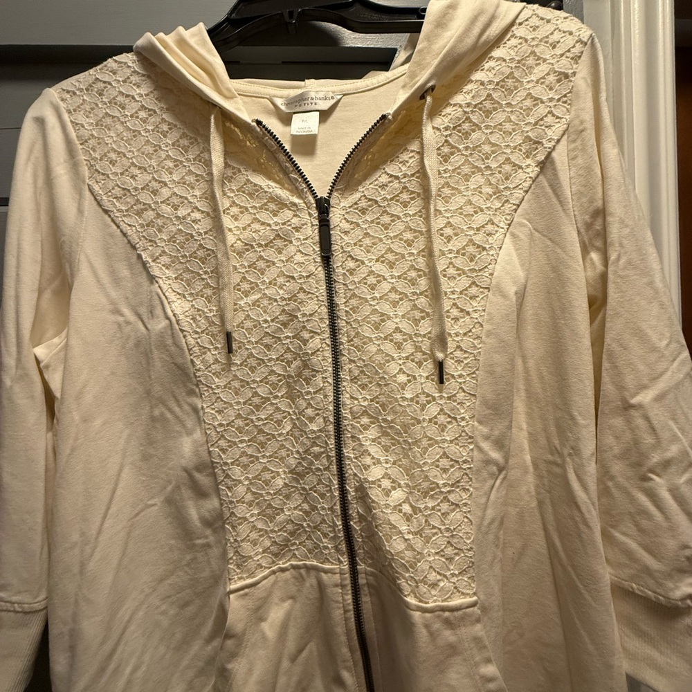 Christopher & Banks Cream Hoodie with Lace Detail